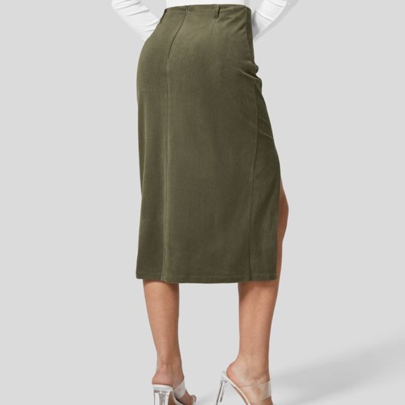 Halra High Waisted Invisible Zipper Split Hem Midi Corduroy Casual Skirt - Picture 2 of 3